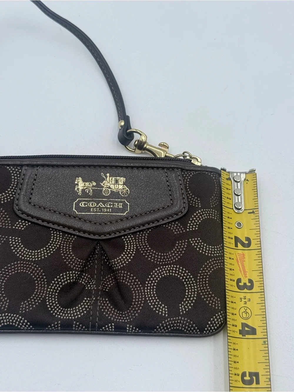 Coach Madison OP Art Sig Dots Brown Small Wristlet Purple Interior Hangtag